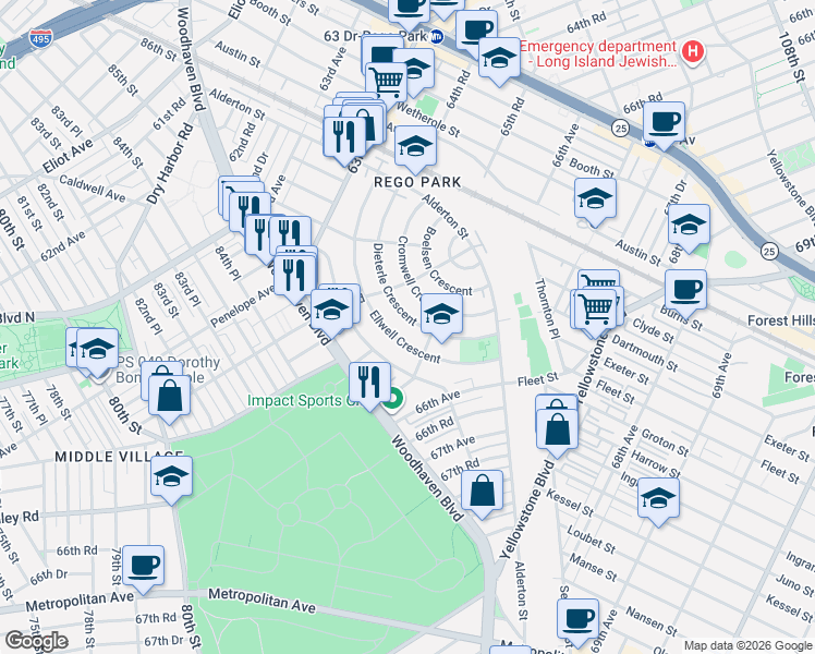 map of restaurants, bars, coffee shops, grocery stores, and more near 64-70 Ellwell Crescent in Queens