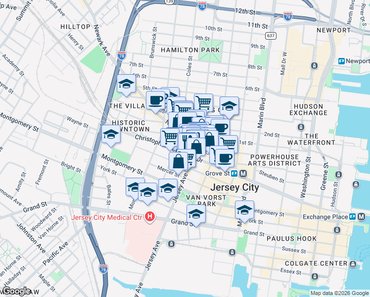 map of restaurants, bars, coffee shops, grocery stores, and more near 116 Wayne Street in Jersey City