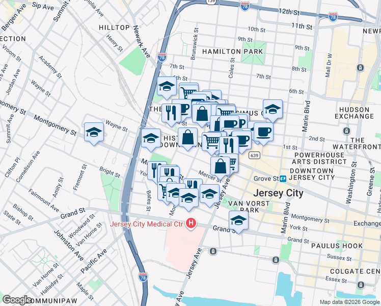 map of restaurants, bars, coffee shops, grocery stores, and more near 329a Monmouth Street in Jersey City