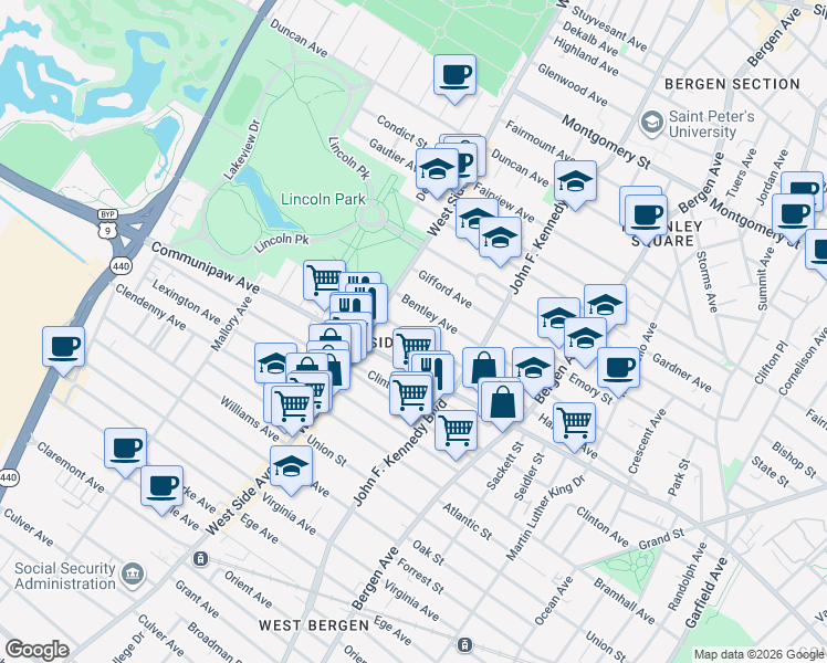 map of restaurants, bars, coffee shops, grocery stores, and more near 245 Harrison Avenue in Jersey City