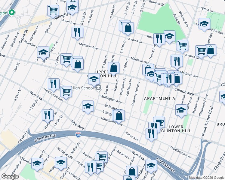 map of restaurants, bars, coffee shops, grocery stores, and more near 69 Ingraham Place in Newark