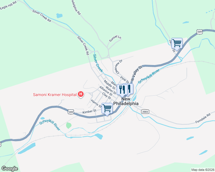 map of restaurants, bars, coffee shops, grocery stores, and more near 62 Clay Street in New Philadelphia