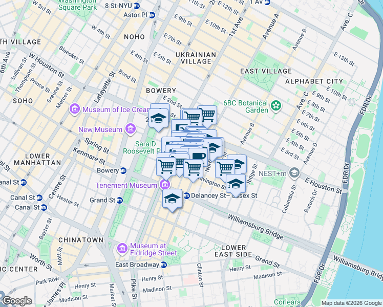 map of restaurants, bars, coffee shops, grocery stores, and more near Stanton St & Ludlow St in New York