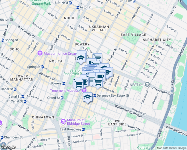 map of restaurants, bars, coffee shops, grocery stores, and more near 170 Orchard Street in New York