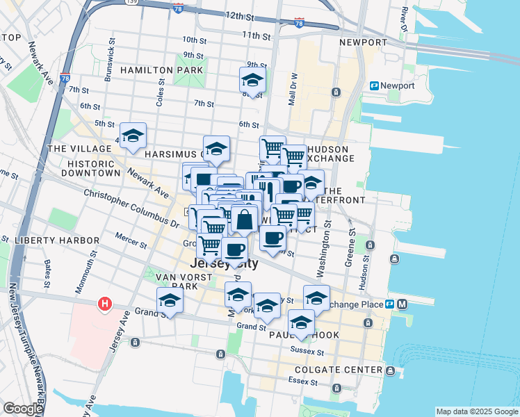 map of restaurants, bars, coffee shops, grocery stores, and more near 364 Marin Boulevard in Jersey City