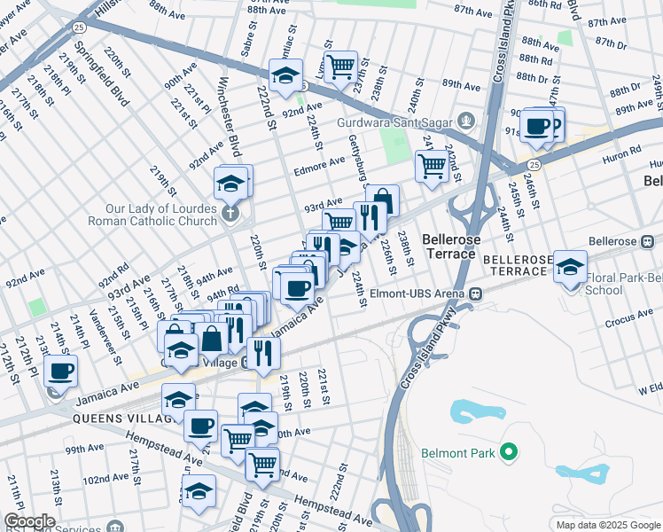map of restaurants, bars, coffee shops, grocery stores, and more near 222-1 Jamaica Avenue in Queens