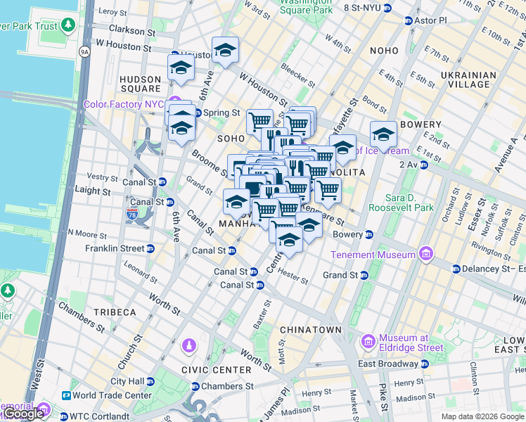map of restaurants, bars, coffee shops, grocery stores, and more near 476 Broadway in New York