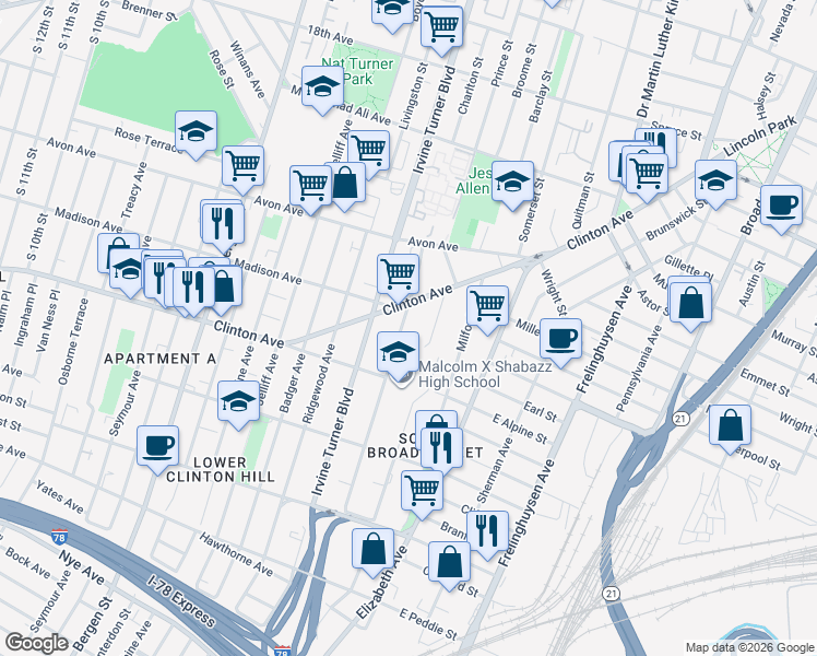 map of restaurants, bars, coffee shops, grocery stores, and more near 324 Clinton Avenue in Newark