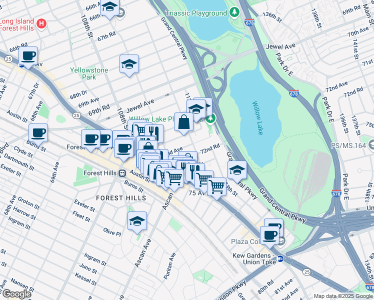 map of restaurants, bars, coffee shops, grocery stores, and more near 110-50 71st Road in Queens