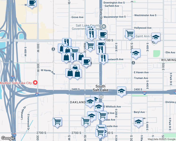 map of restaurants, bars, coffee shops, grocery stores, and more near 2235 South Main Street in South Salt Lake