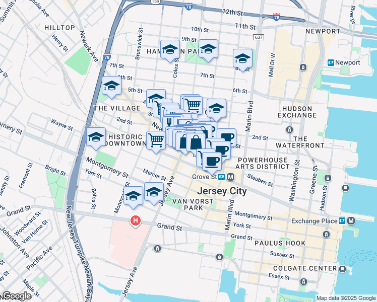 map of restaurants, bars, coffee shops, grocery stores, and more near 547 Jersey Avenue in Jersey City