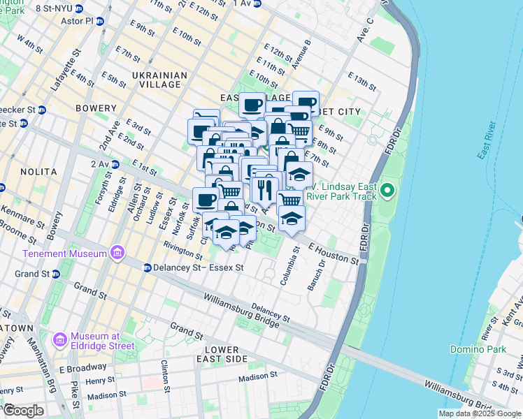 map of restaurants, bars, coffee shops, grocery stores, and more near 19 Loisaida Avenue in New York