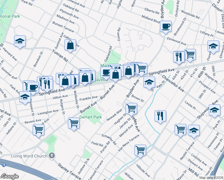 map of restaurants, bars, coffee shops, grocery stores, and more near 1647 Springfield Avenue in Maplewood