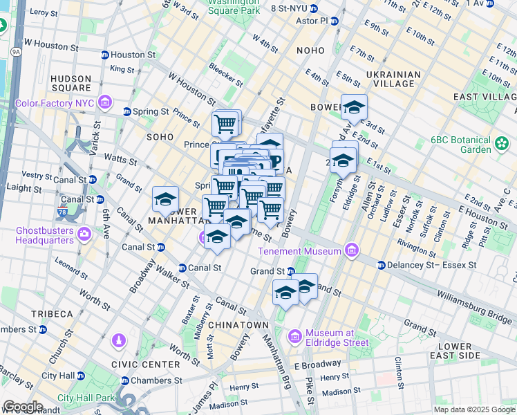 map of restaurants, bars, coffee shops, grocery stores, and more near 199 Mott Street in New York