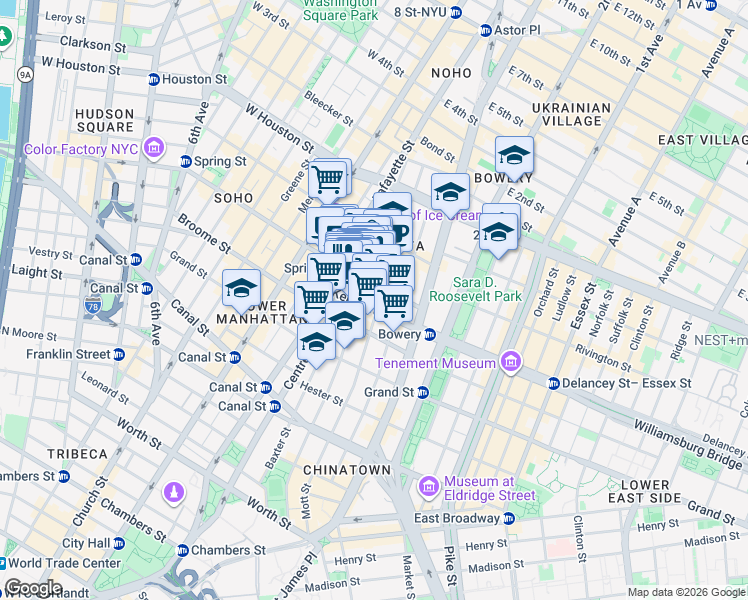 map of restaurants, bars, coffee shops, grocery stores, and more near 199 Mott Street in New York