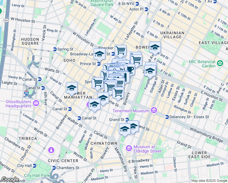 map of restaurants, bars, coffee shops, grocery stores, and more near 199 Mott Street in New York