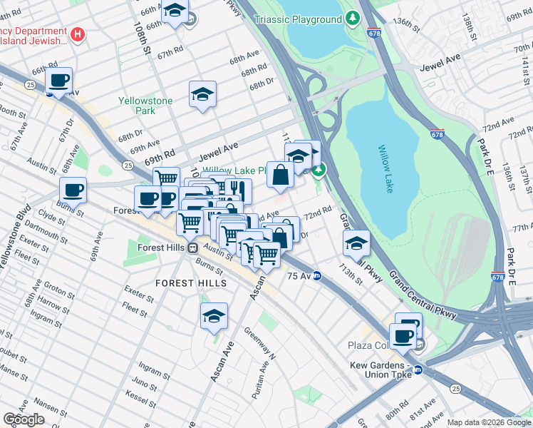 map of restaurants, bars, coffee shops, grocery stores, and more near 110-15 71st Road in Queens