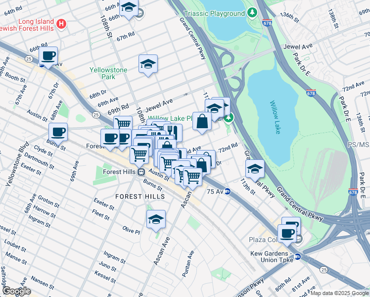 map of restaurants, bars, coffee shops, grocery stores, and more near 110-15 71st Road in Queens
