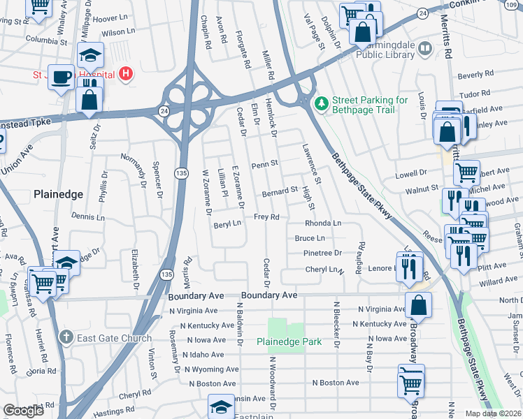 map of restaurants, bars, coffee shops, grocery stores, and more near 59 Cedar Drive in Farmingdale