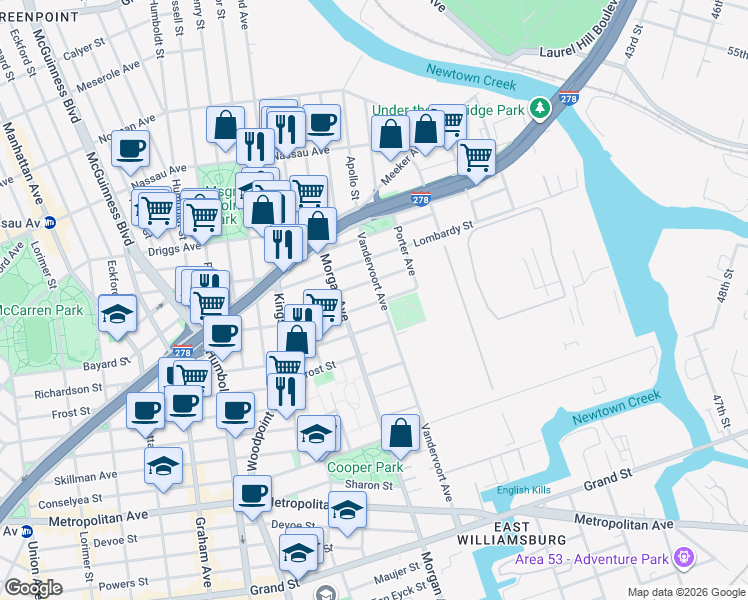 map of restaurants, bars, coffee shops, grocery stores, and more near 108 Beadel Street in Brooklyn