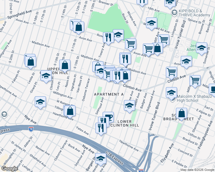 map of restaurants, bars, coffee shops, grocery stores, and more near 114 Seymour Avenue in Newark