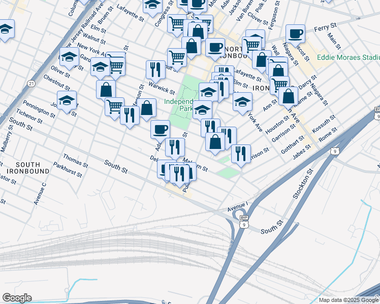 map of restaurants, bars, coffee shops, grocery stores, and more near 367 Chestnut Street in Newark