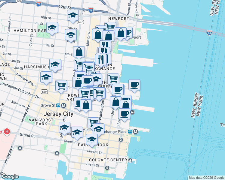 map of restaurants, bars, coffee shops, grocery stores, and more near 1 2nd Street in Jersey City
