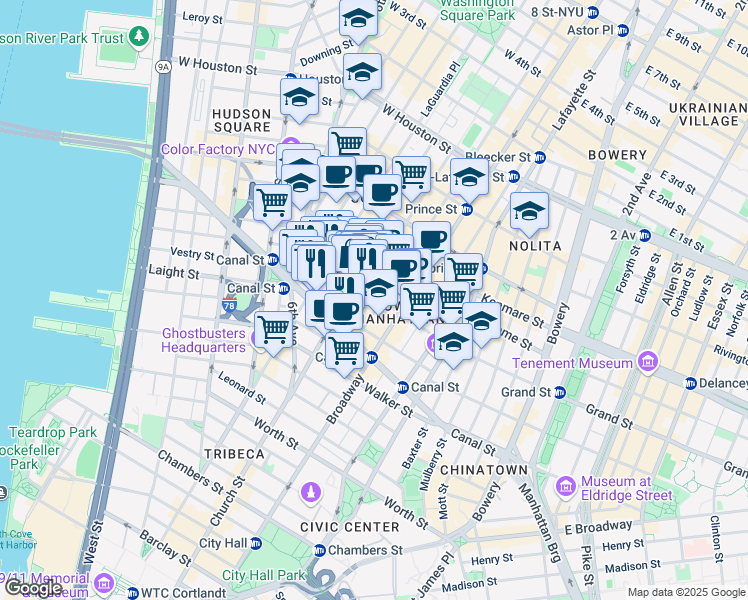 map of restaurants, bars, coffee shops, grocery stores, and more near 78 Grand Street in New York