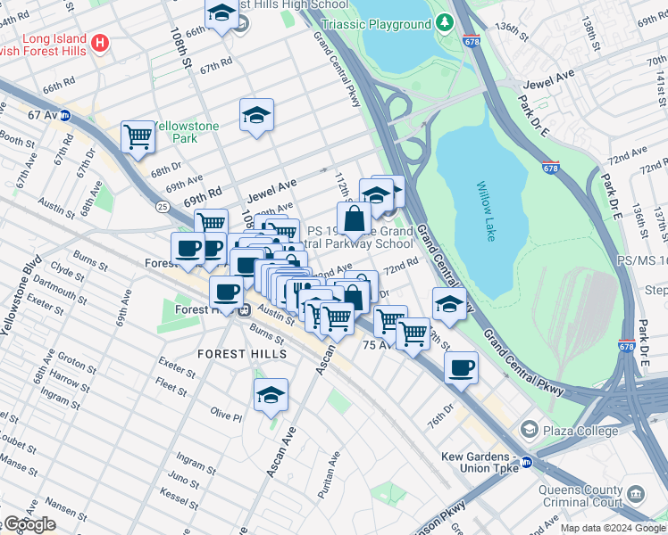 map of restaurants, bars, coffee shops, grocery stores, and more near 110-11 72nd Avenue in Queens