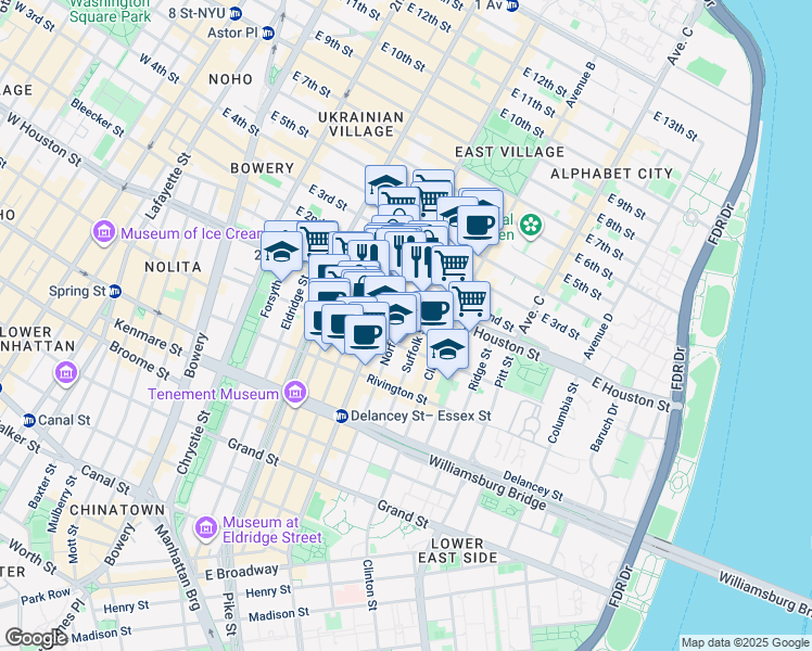 map of restaurants, bars, coffee shops, grocery stores, and more near 11 A Avenue in New York