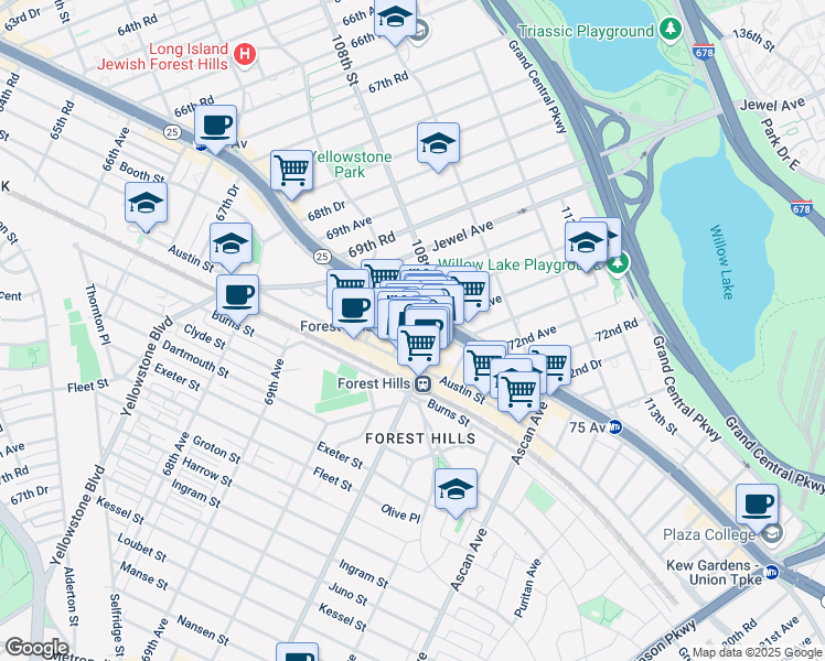 map of restaurants, bars, coffee shops, grocery stores, and more near in Queens