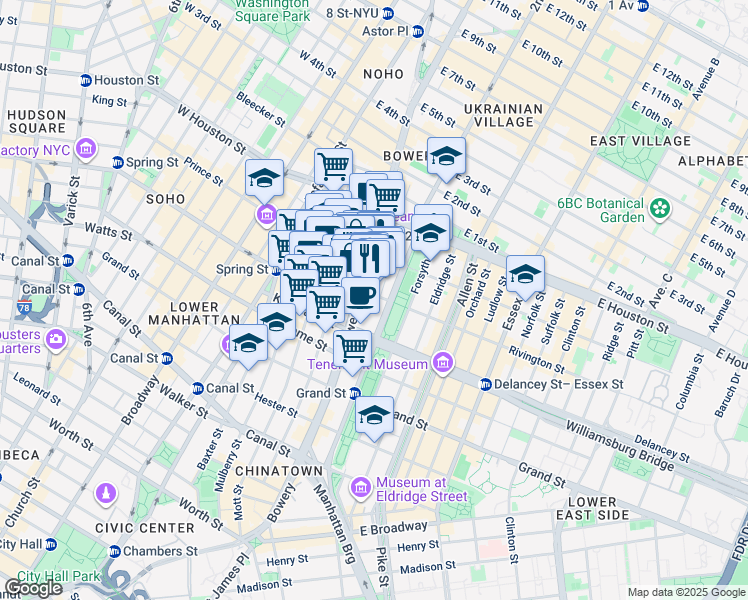 map of restaurants, bars, coffee shops, grocery stores, and more near 5 Rivington Street in New York