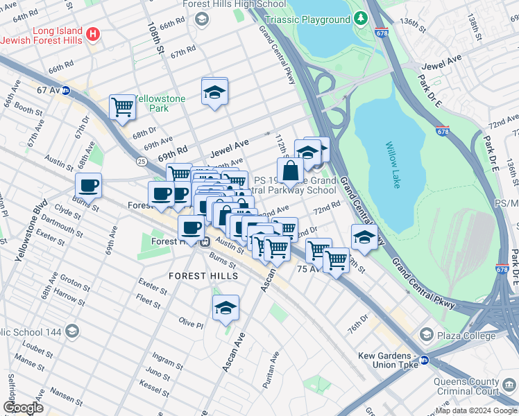 map of restaurants, bars, coffee shops, grocery stores, and more near 71-36 110th Street in Queens