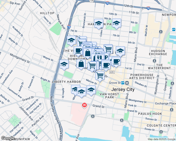 map of restaurants, bars, coffee shops, grocery stores, and more near 327 1st Street in Jersey City