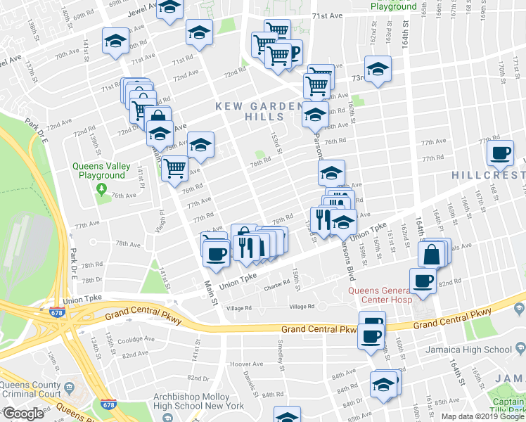 map of restaurants, bars, coffee shops, grocery stores, and more near 152-0 78th Avenue in Queens