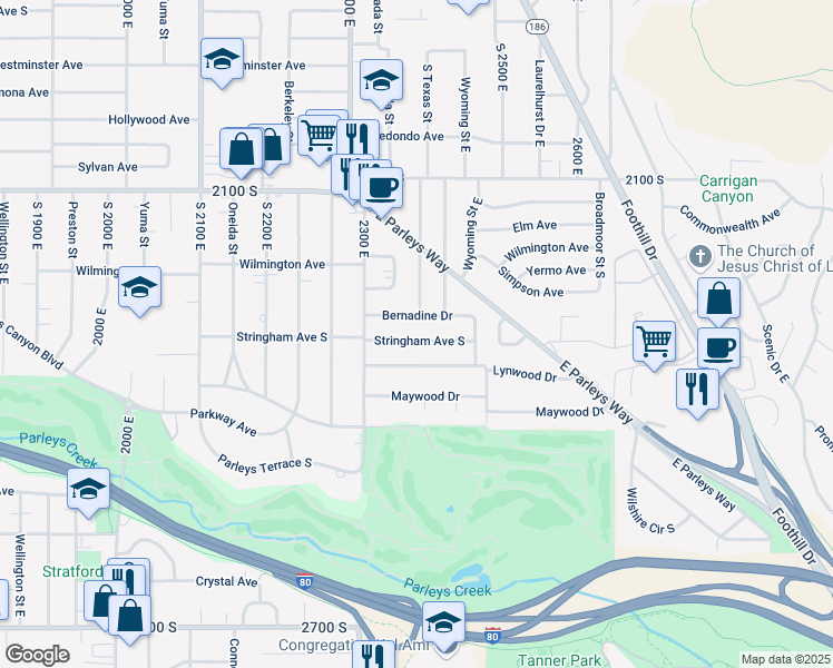 map of restaurants, bars, coffee shops, grocery stores, and more near 2389 Bernadine Drive in Salt Lake City