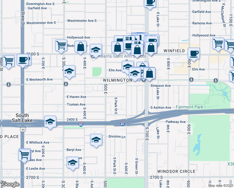map of restaurants, bars, coffee shops, grocery stores, and more near 2233 500 East in Salt Lake City