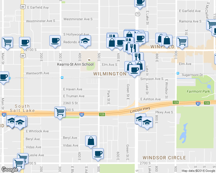 map of restaurants, bars, coffee shops, grocery stores, and more near 2233 500 East in Salt Lake City