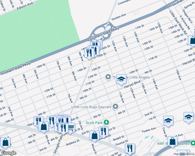 map of restaurants, bars, coffee shops, grocery stores, and more near 248 10th Avenue in West Babylon
