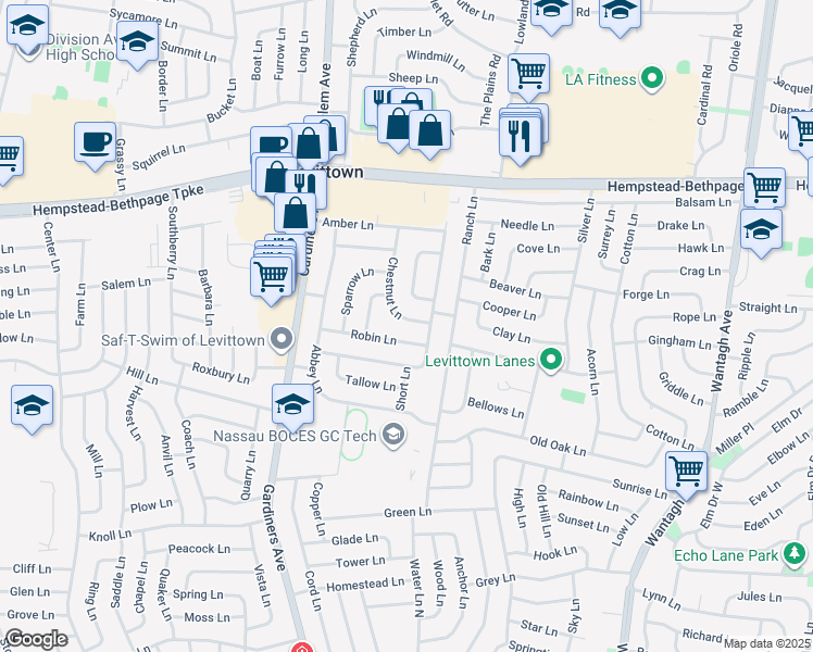 map of restaurants, bars, coffee shops, grocery stores, and more near 41 Tarry Lane in Levittown