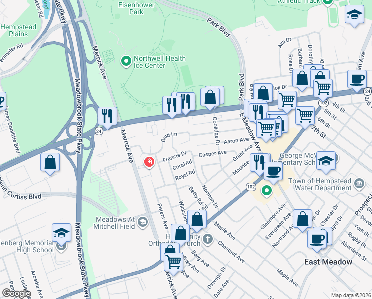 map of restaurants, bars, coffee shops, grocery stores, and more near 1796 Bard Lane in East Meadow