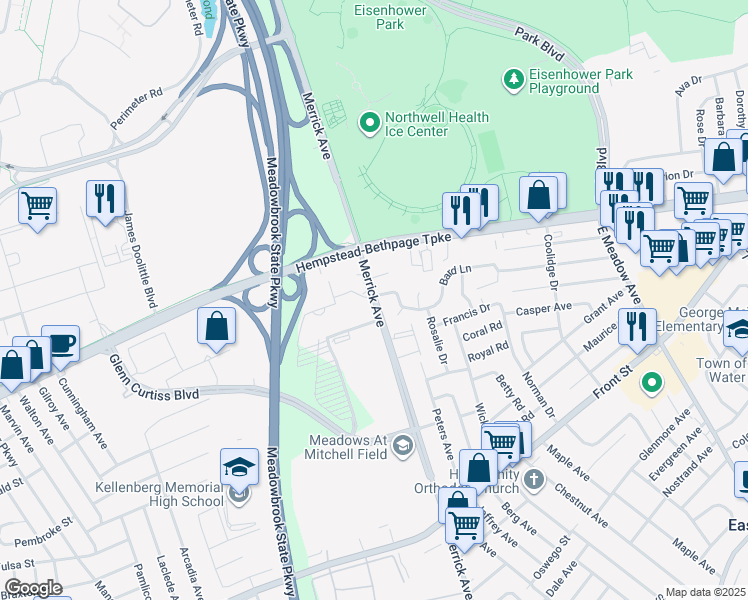 map of restaurants, bars, coffee shops, grocery stores, and more near 39 Merrick Avenue in East Meadow