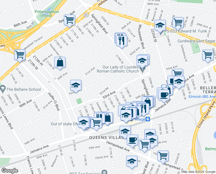 map of restaurants, bars, coffee shops, grocery stores, and more near 92-32 217th Street in Queens