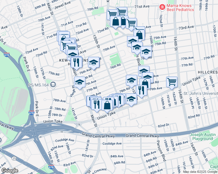 map of restaurants, bars, coffee shops, grocery stores, and more near 147-49 77th Road in Queens