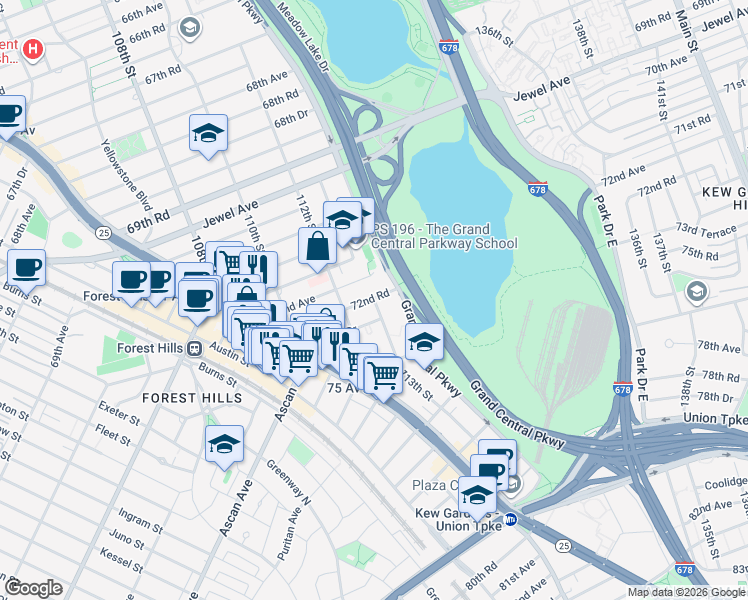 map of restaurants, bars, coffee shops, grocery stores, and more near 112-32 72nd Avenue in Queens