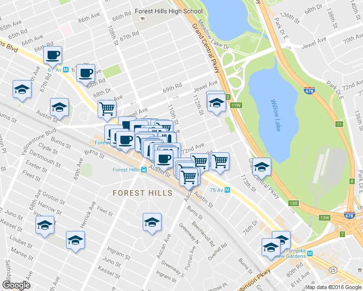 map of restaurants, bars, coffee shops, grocery stores, and more near 108-27 Queens Boulevard in Queens
