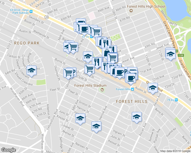 map of restaurants, bars, coffee shops, grocery stores, and more near 68-60 Austin Street in Queens