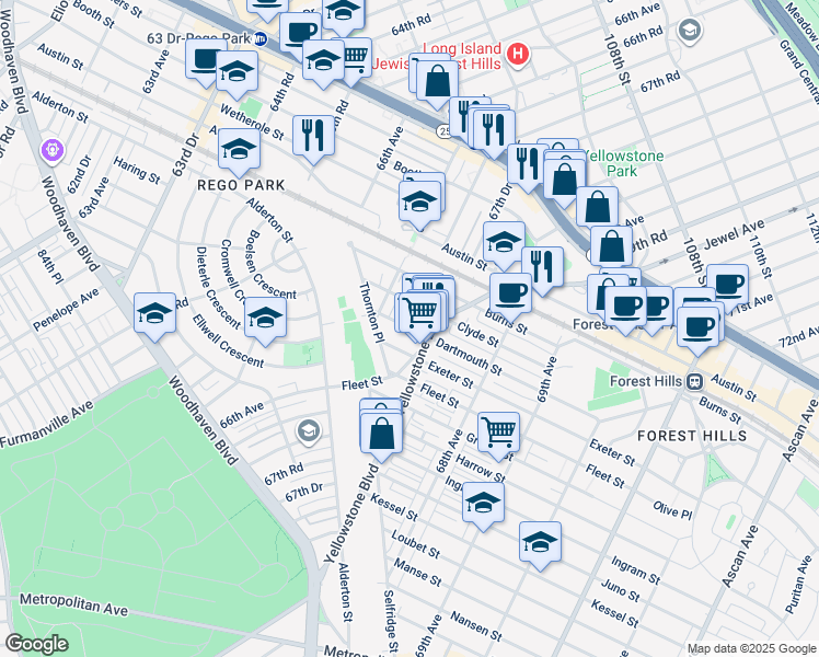 map of restaurants, bars, coffee shops, grocery stores, and more near 67-39 Clyde Street in Queens