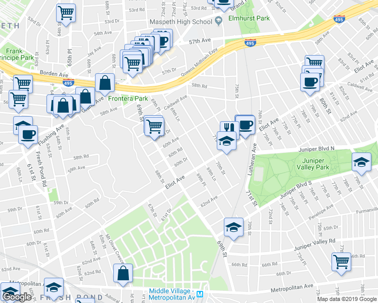 map of restaurants, bars, coffee shops, grocery stores, and more near 60-19 69th Lane in Queens