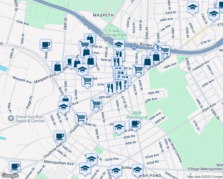map of restaurants, bars, coffee shops, grocery stores, and more near 59-95 57th Drive in Queens